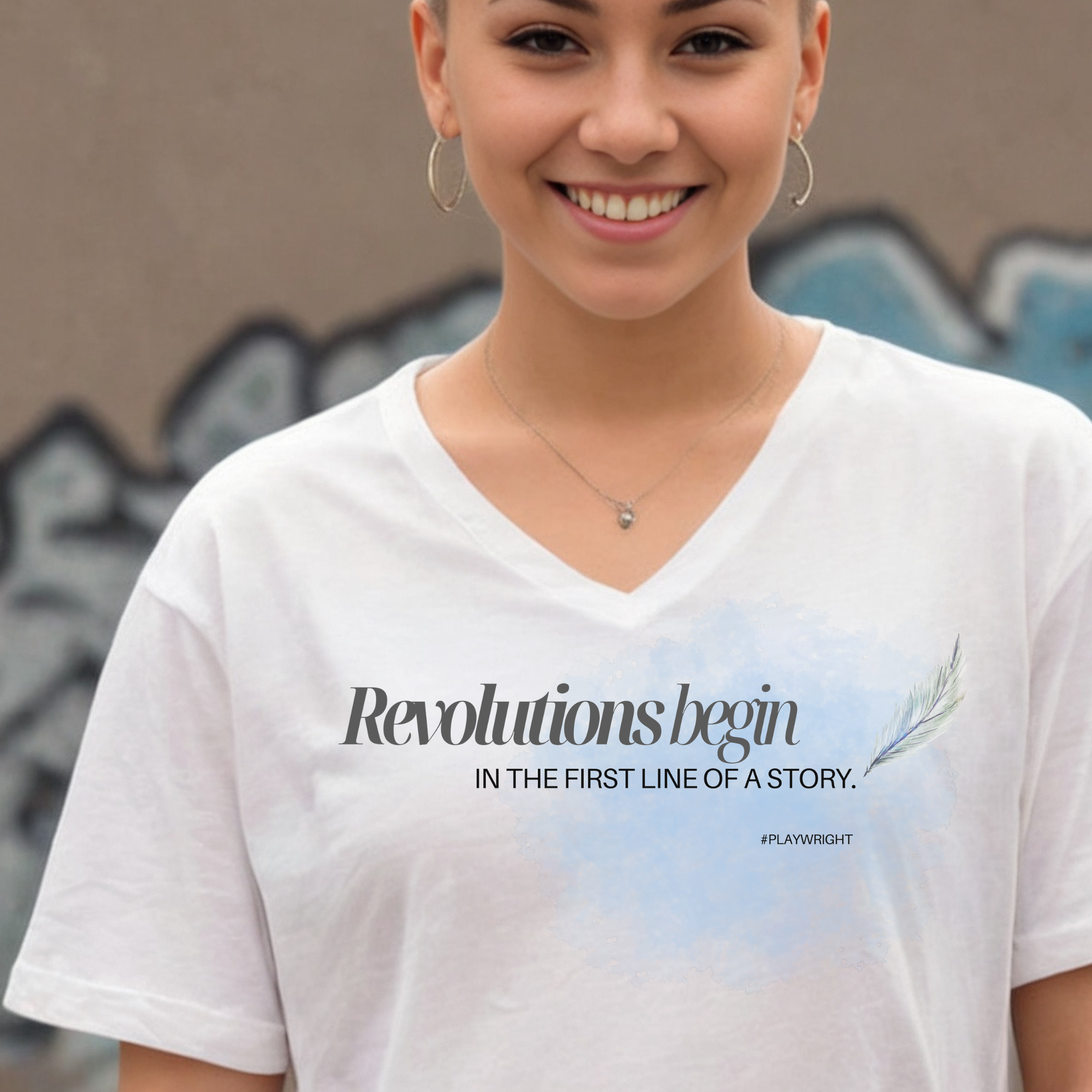 "Revolutions Begin in the First Line of a Story" Inspirational V-Neck T-Shirt – For Playwrights & Changemakers